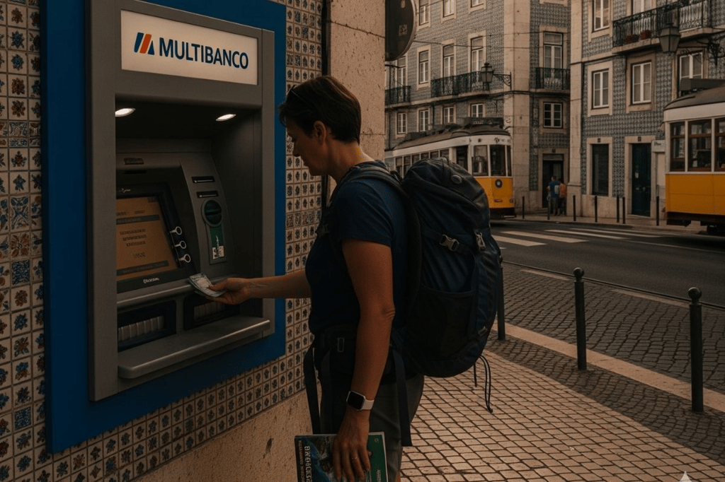 A woman withdrawing from her Portuguese bank account at a Multibanco ATM