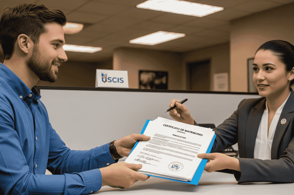 A man submitting a Mexican marriage certificate translation and other documents to USCIS for immigration purposes.