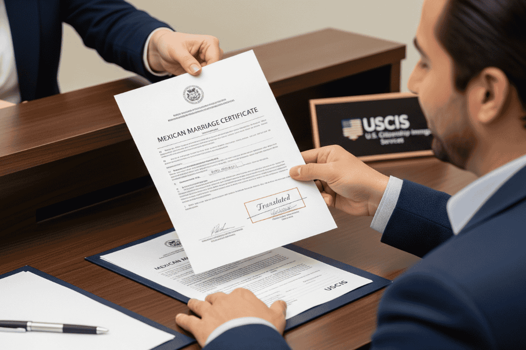 A man submitting a translated Mexican marriage certificate at the USCIS office