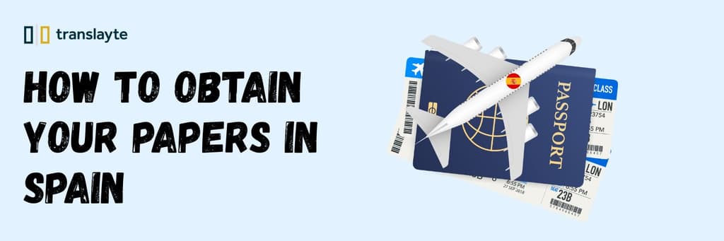 banner with passport and airplane illustration, how to obtain your papers in spain