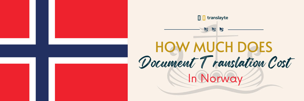 illustration of norway flag in background and text on the side showing how much does document translation cost in norway